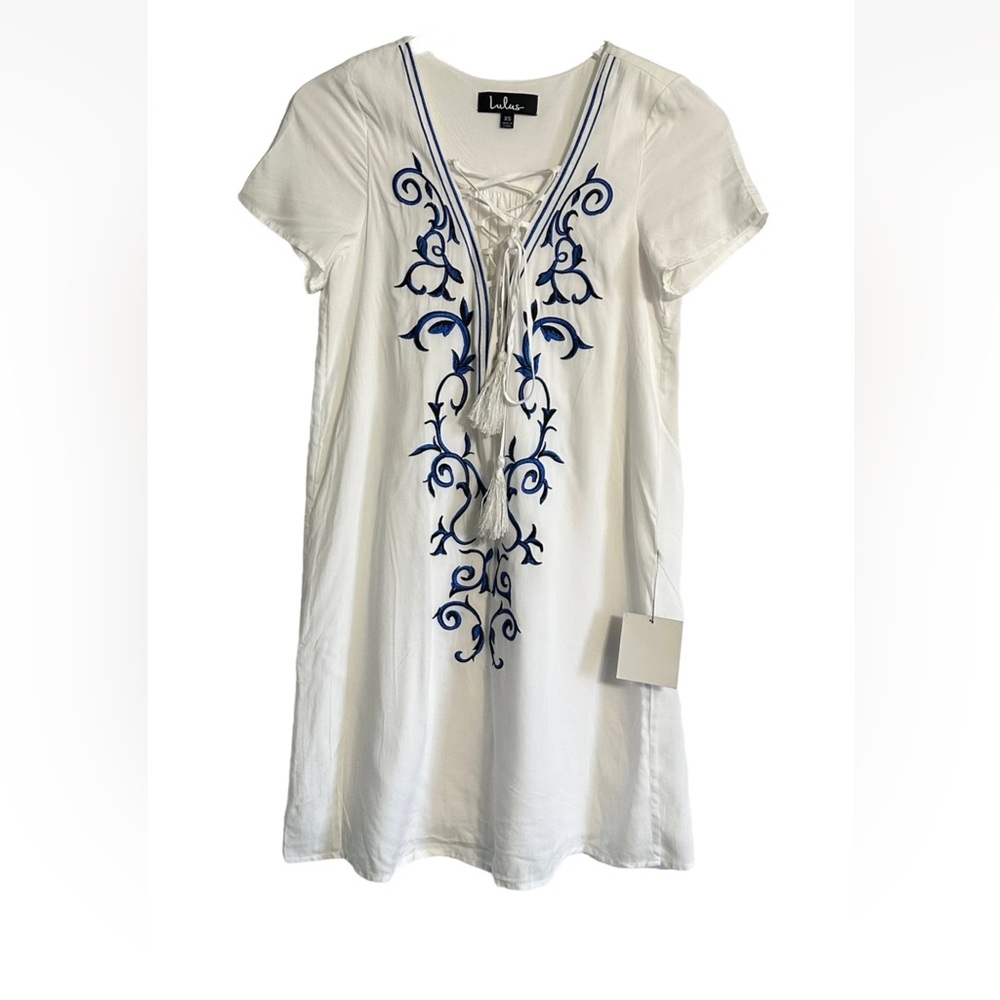 Lulus Small Embroidered Lace Up Shift Dress Vacation Beach Down In Kokomo - Picture 4 of 13